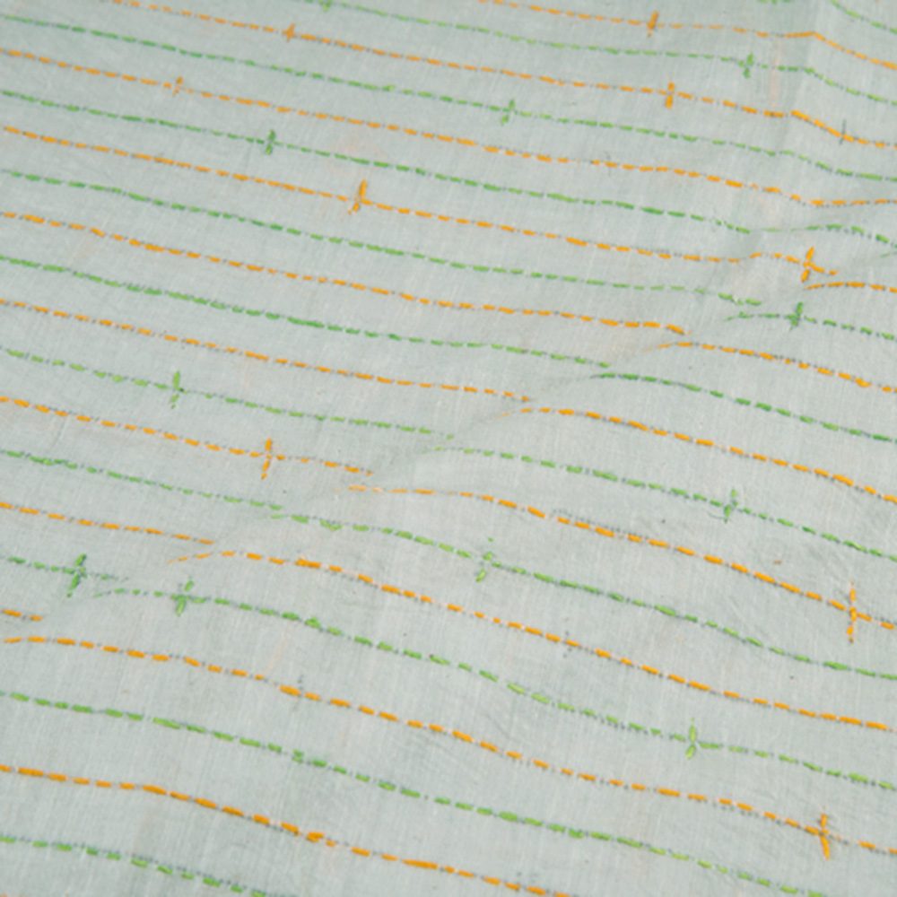 STRIPE OFF WHITE KANTHA EMBROIDERED KHADI COTTON 140 GSM HANDWOVEN FABRIC