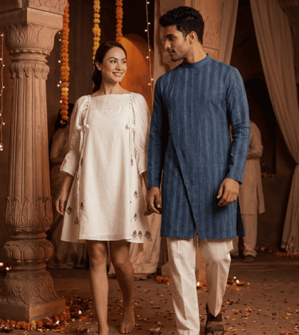 Wearing Embroidered Pintuck Dress With Tassels for women  with the Men's Angrakha Kurta With Side Tie