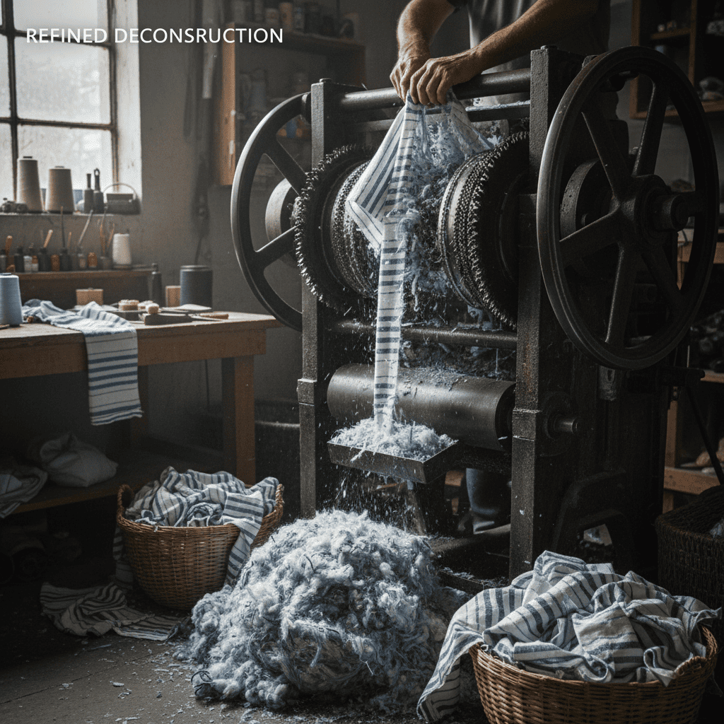 Cotton fabric scraps being shredded into loose fibres for mechanical recycling