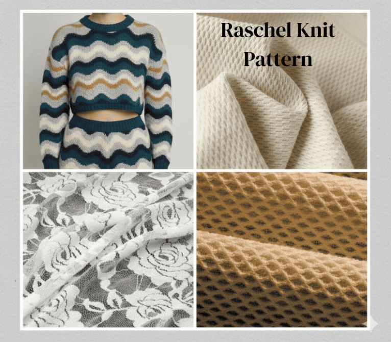Raschel knit fabric with stable warp-knit structure showing textured surface used in apparel and home textiles