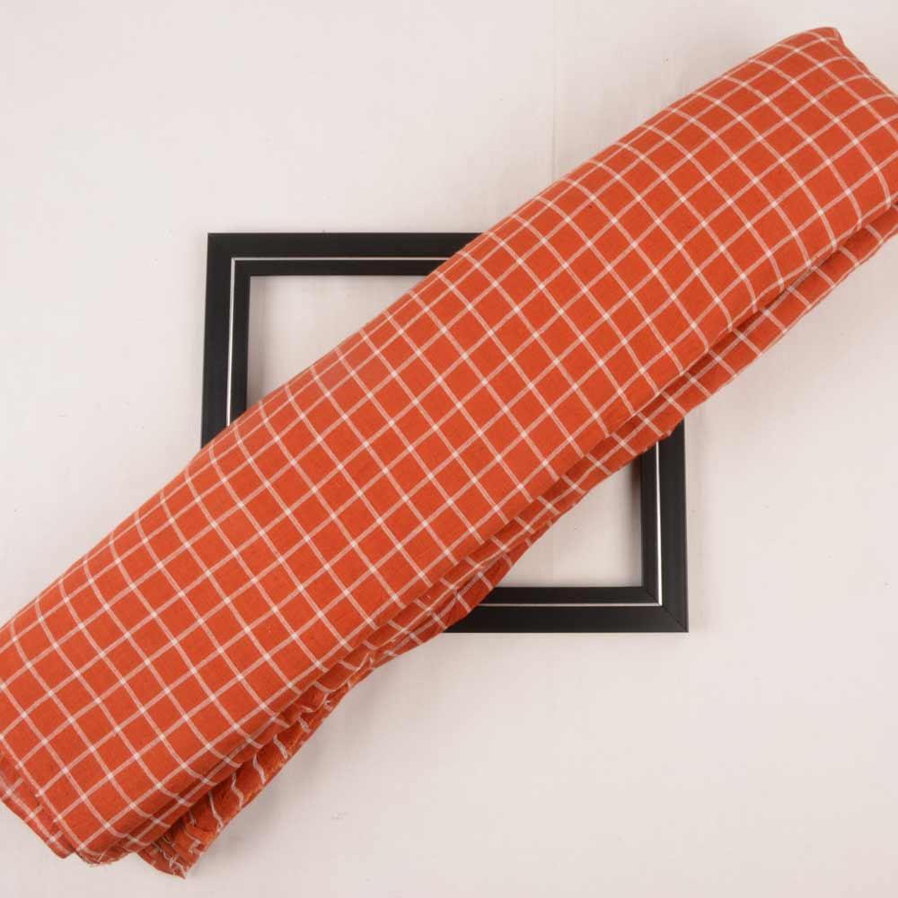 Check Orange & White Pure Cotton 87 GSM Handwoven Fabric