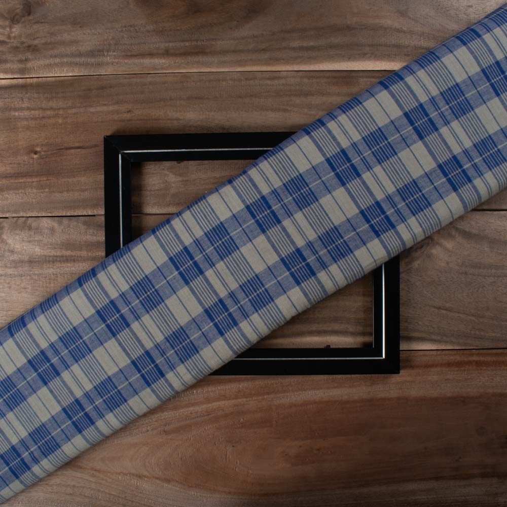 Check Blue & Grey Pure Cotton 70 GSM Handwoven Fabric