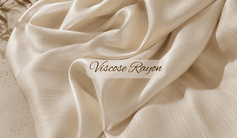 Viscose rayon fabric draped in soft cream folds, showcasing its smooth texture and fluid drape.