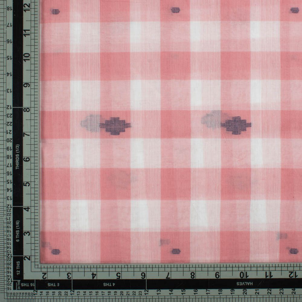 Check White Pink Jamdani Pure Cotton 55 GSM Handwoven Fabric 342