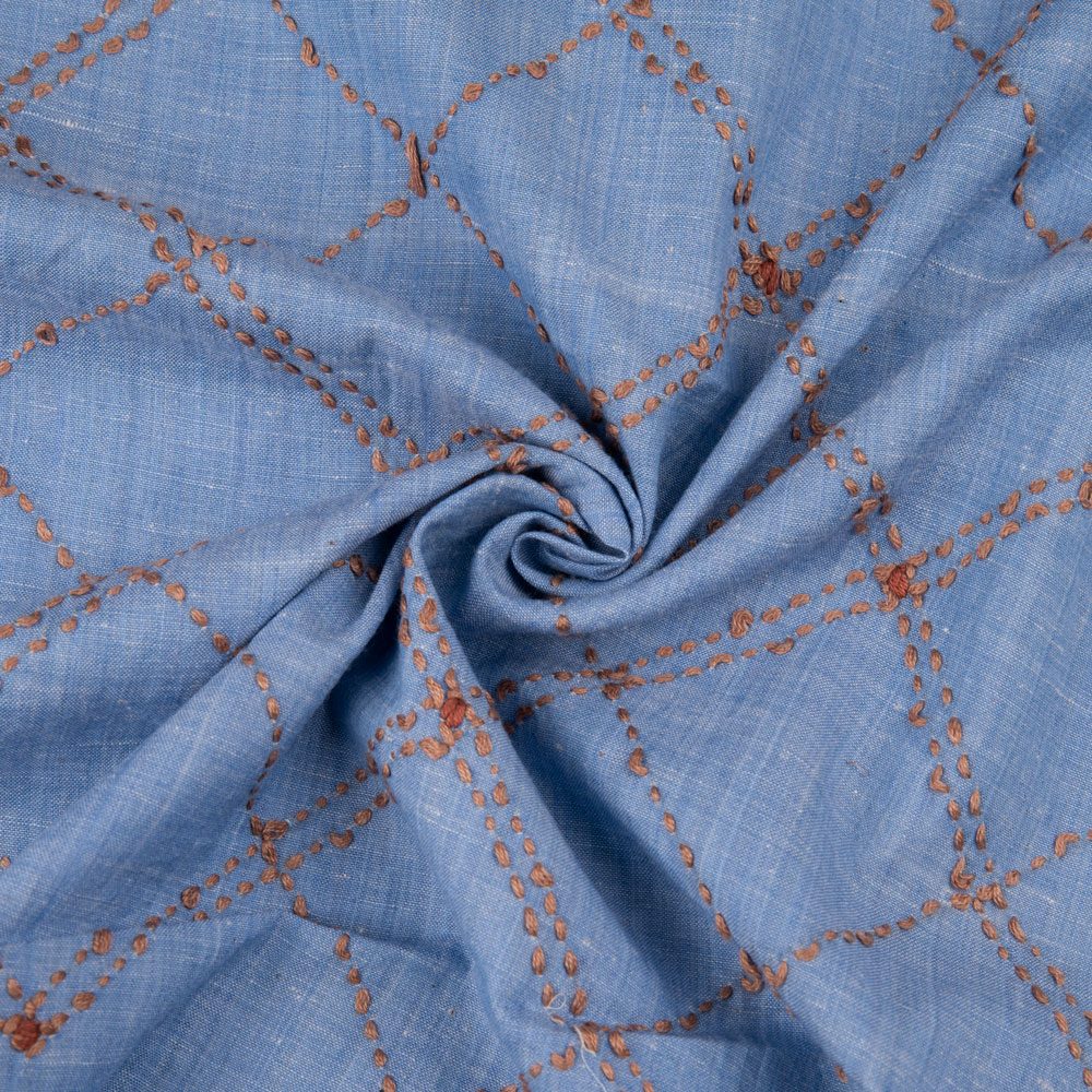 Cotton khadi fabric featuring Kantha embroidery in a check pattern