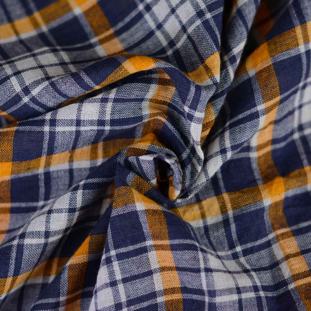 Check Blue & Orange Pure Cotton 91 GSM Handwoven Fabric
