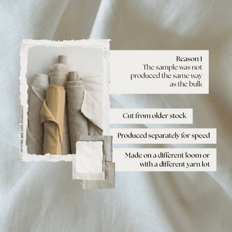 Fabric sample and bulk roll showing differences caused by yarn lot, loom, or production method changes