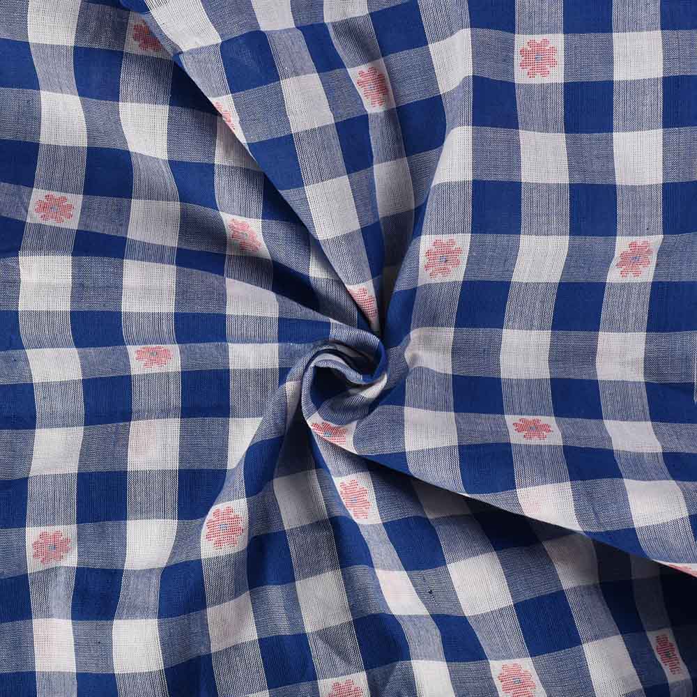 Check Blue White Jamdani Pure Cotton 105 GSM Handwoven Fabric