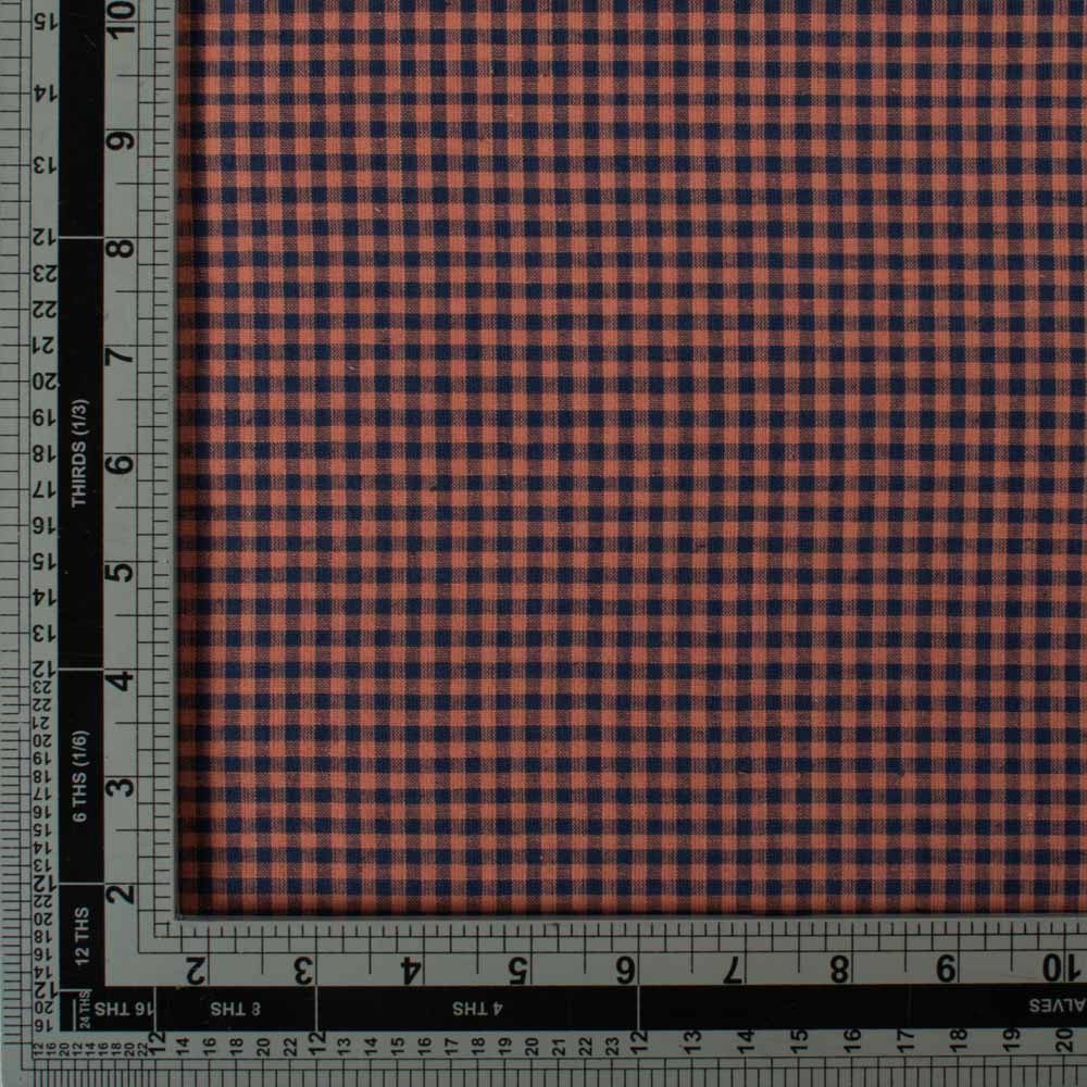 Check Navy Blue & Orange Pure Cotton 100 GSM Handwoven Fabric