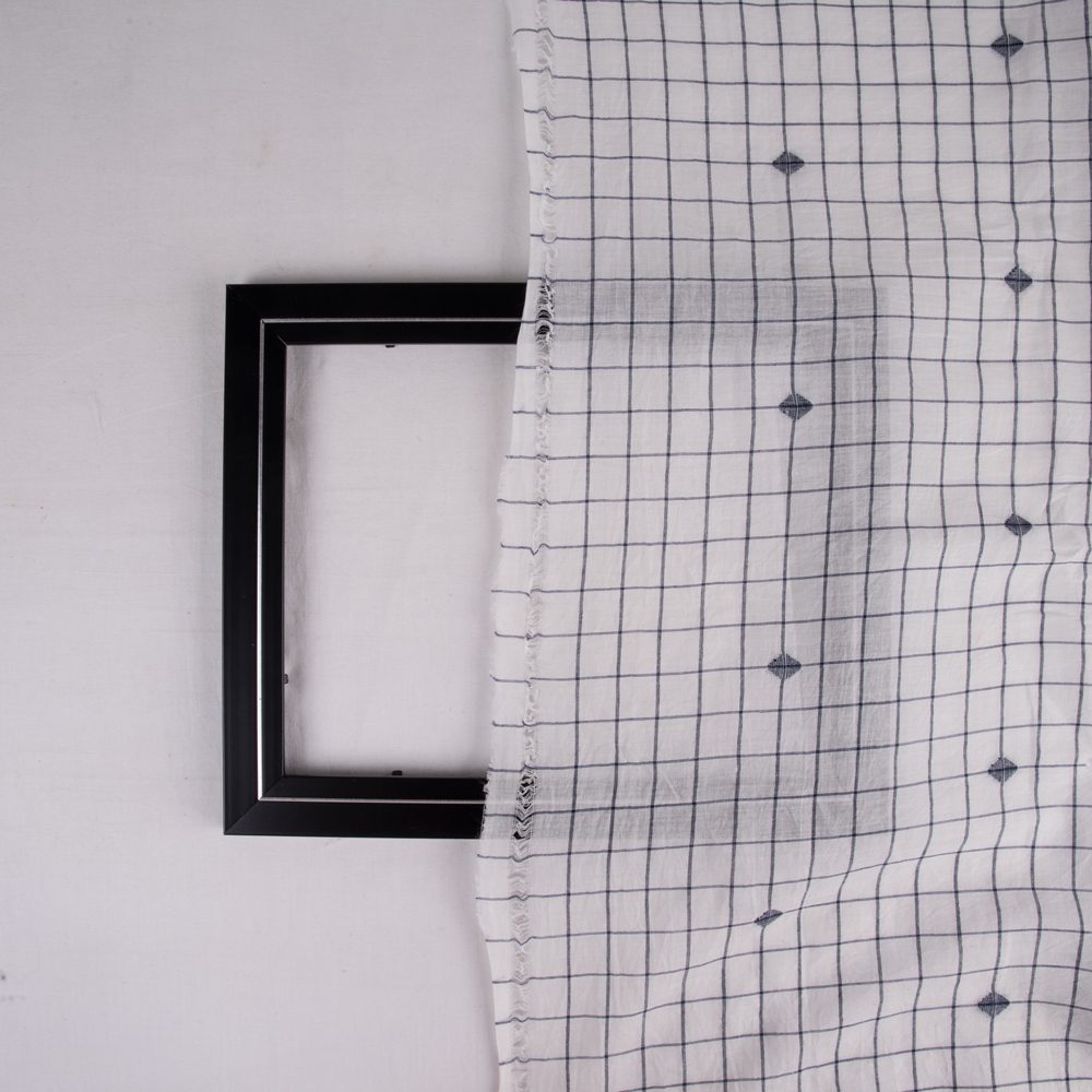 GEOMETRIC CHECK WHITE JAMDANI HANDWOVEN COTTON 55 GSM FABRIC