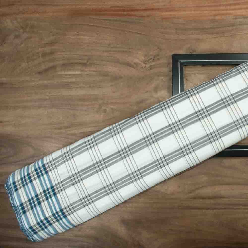 Check White Blue and Black Pure Cotton 105 GSM Handwoven Fabric