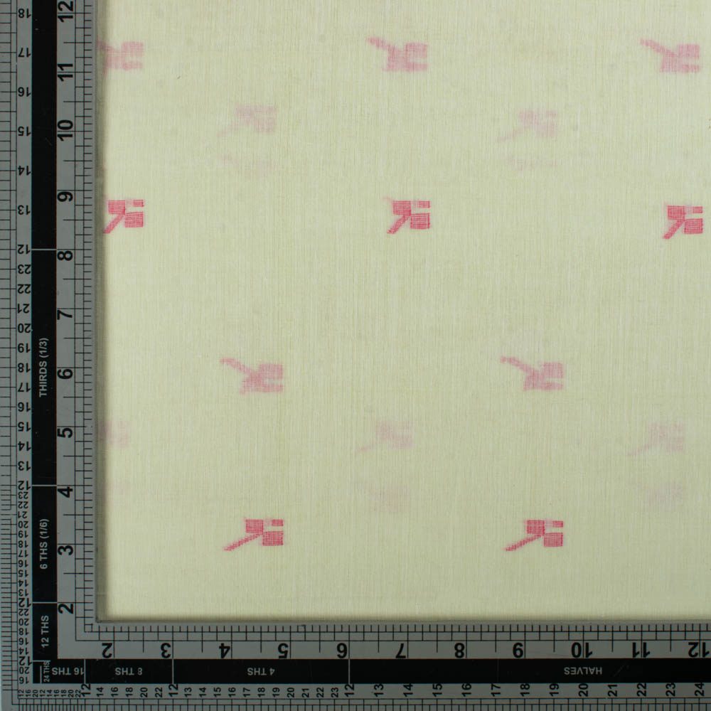 Green plain cotton Jamdani fabric with red geometric motif shown in a flat view with measurement scale