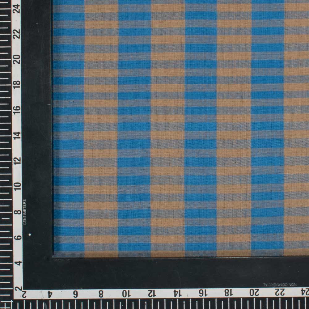 Check Tan and Blue Pure Cotton 95 GSM Handwoven Fabric 681
