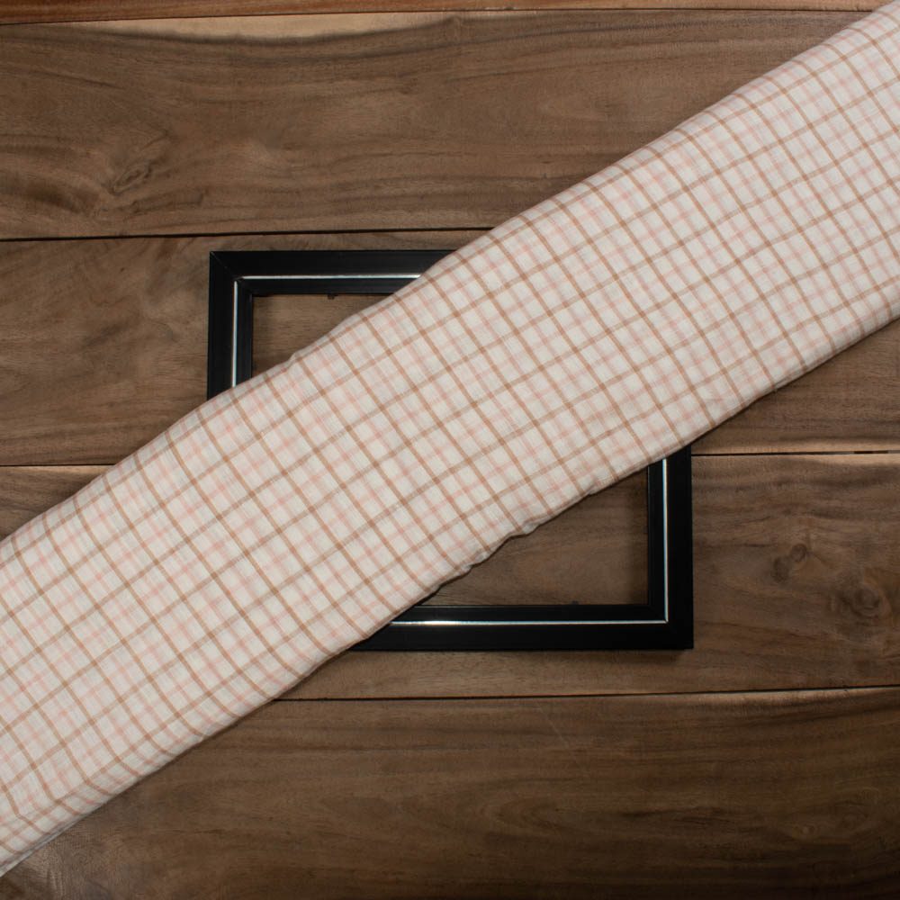 Check Multicolor Cream Pink Brown Linen 140 GSM Handwoven Fabric