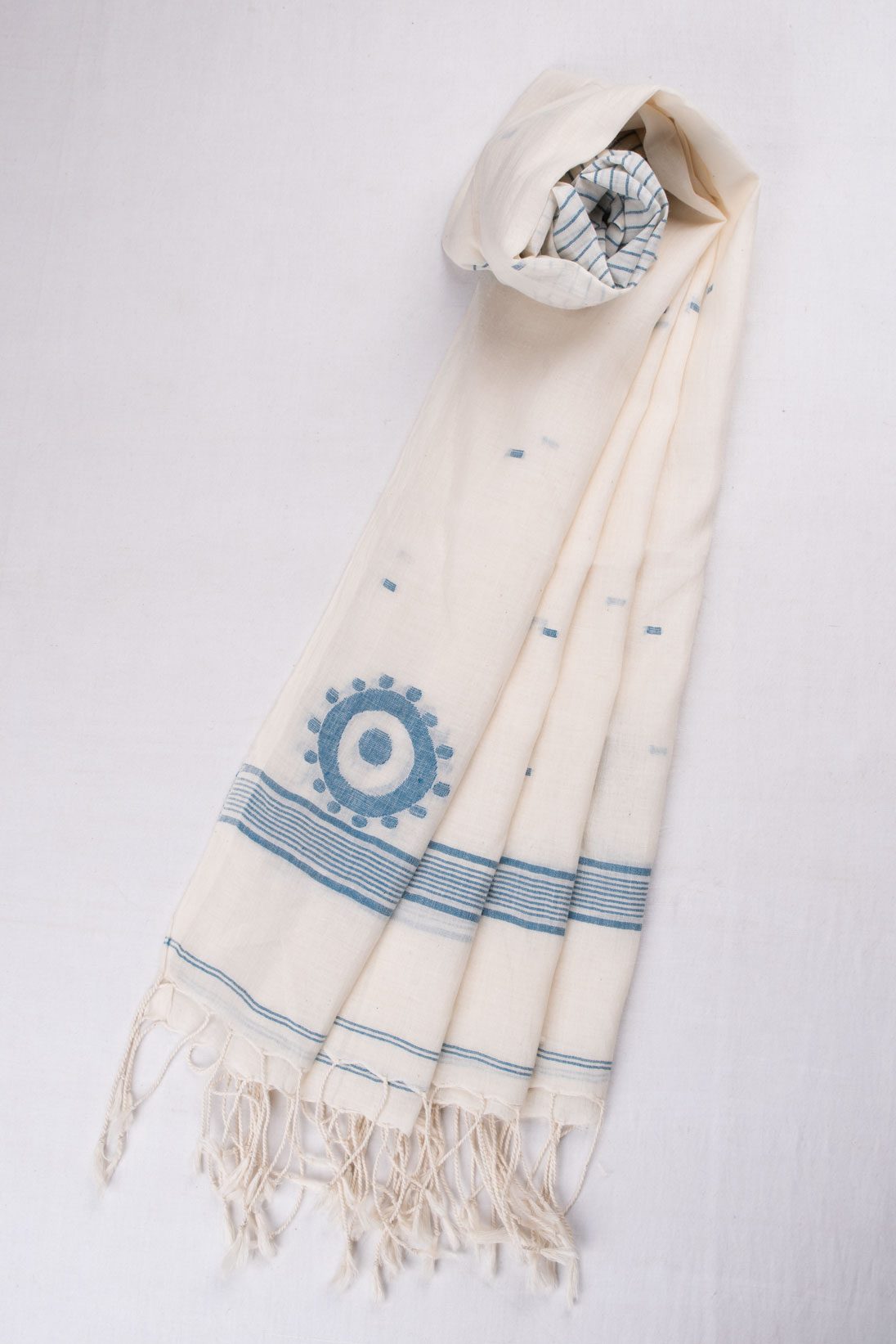 GEOMETRIC STRIPE WHITE JAMDANI HANDWOVEN COTTON SCARF