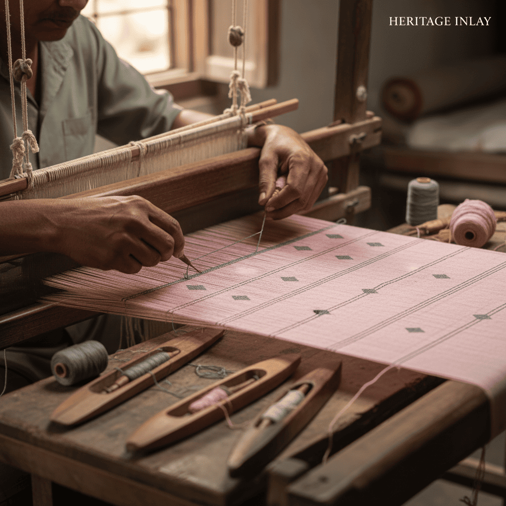 Artisan inserting supplementary weft threads by hand using a needle on a jamdani loom