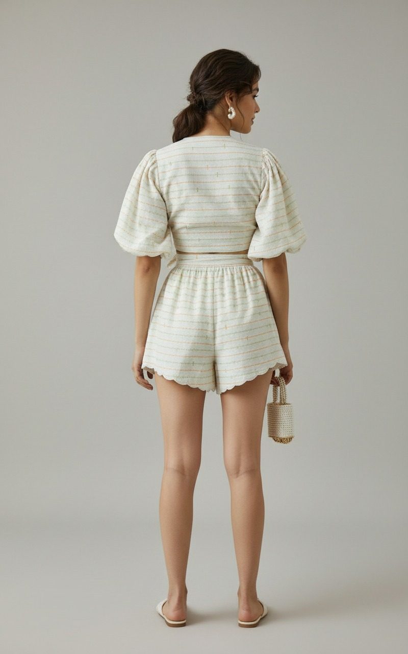 Balloon Sleeves Co-ord Set With Cut Work Shorts