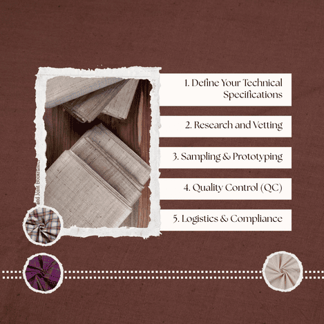 A stylized infographic showing the steps of the fabric sourcing journey.
