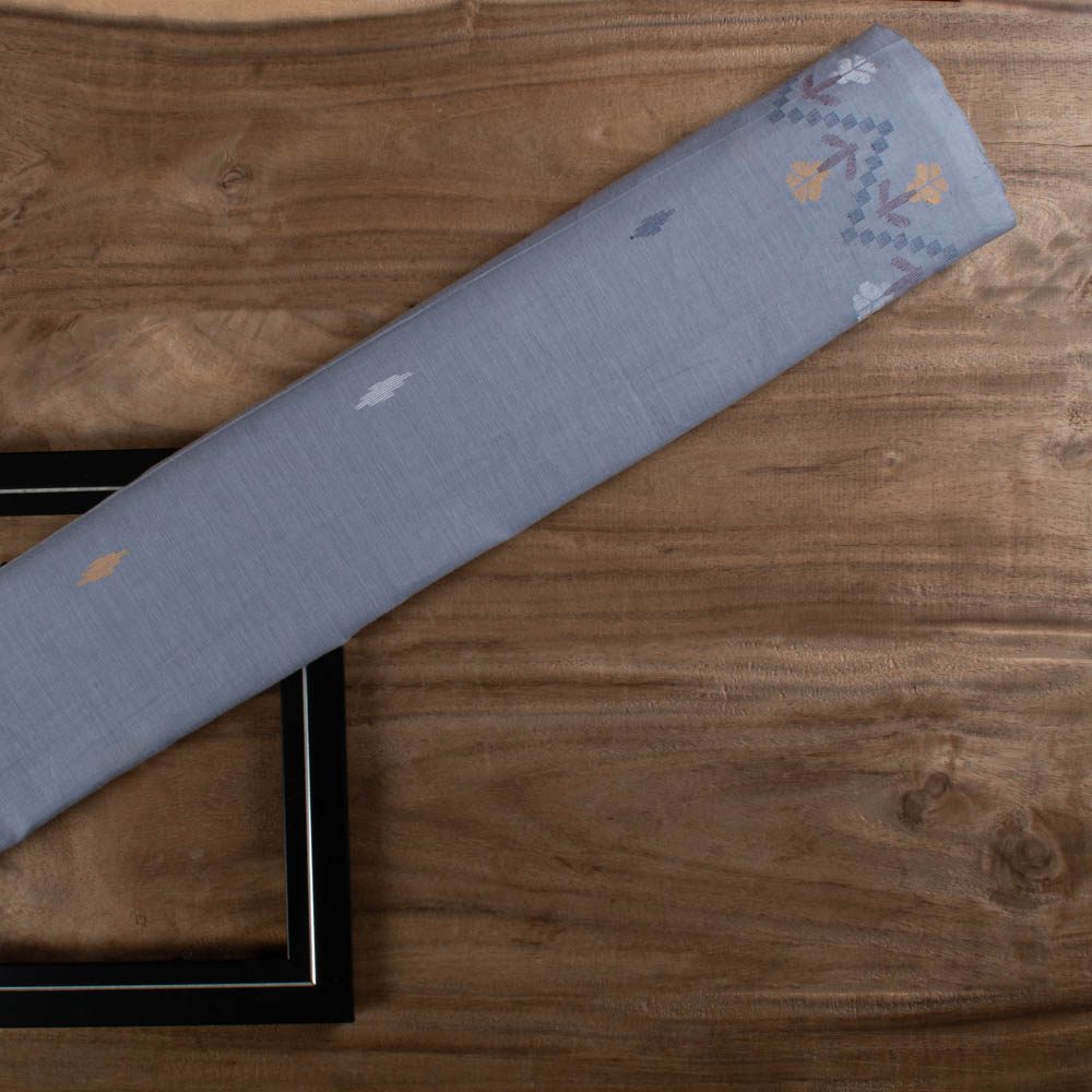 Grey Base Flower Jamdani Pure Cotton 55 GSM Handwoven Fabric