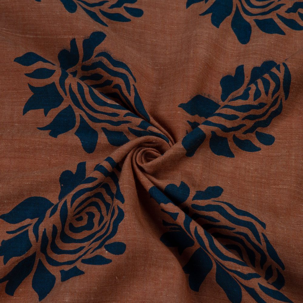 Rose Brown & Blue Screenprinted Cotton Khadi 88 GSM Handwoven Fabric