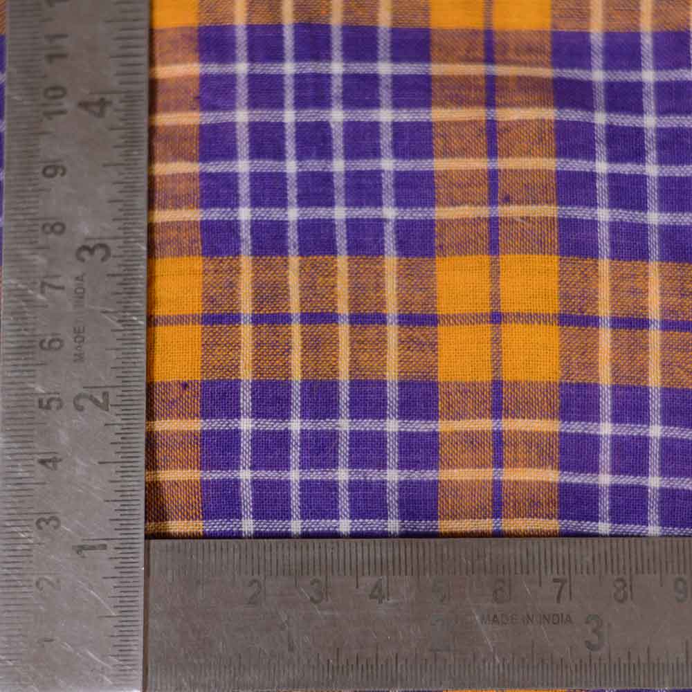 CHECK ORANGE & PURPLE PURE COTTON 91 GSM HANDWOVEN FABRIC