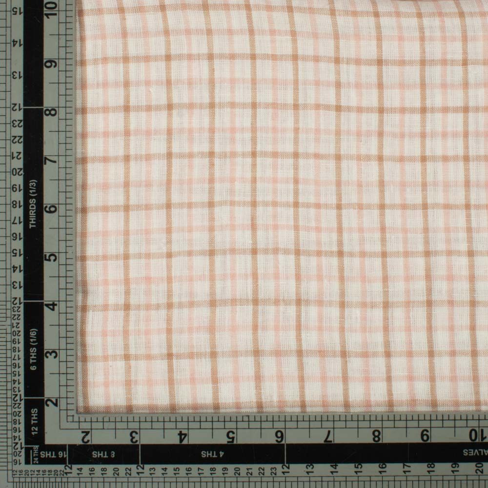 Check Multicolor Cream Pink Brown Linen 140 GSM Handwoven Fabric