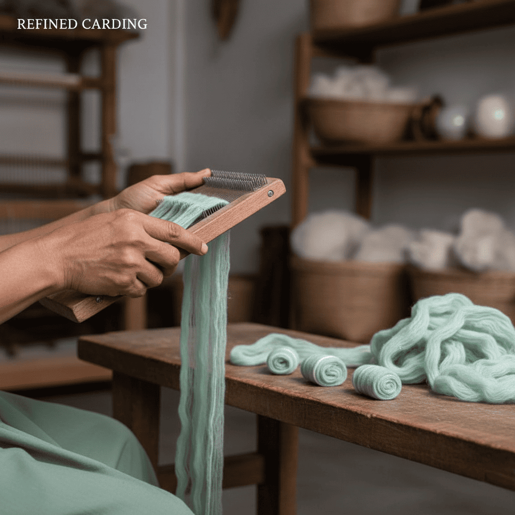 Recycled cotton fibres being carded and aligned before yarn spinning