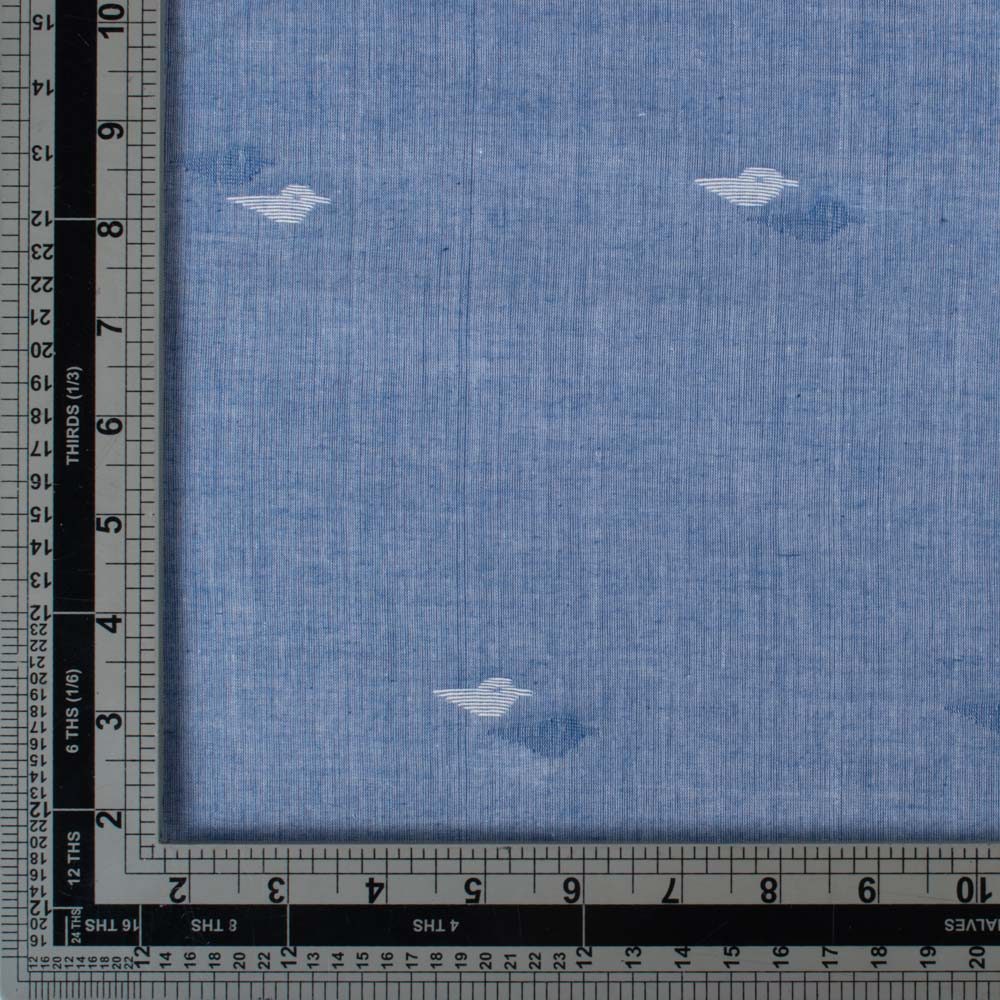 Blue plain cotton Jamdani fabric with white arrow motif shown in a flat view with measurement scale
