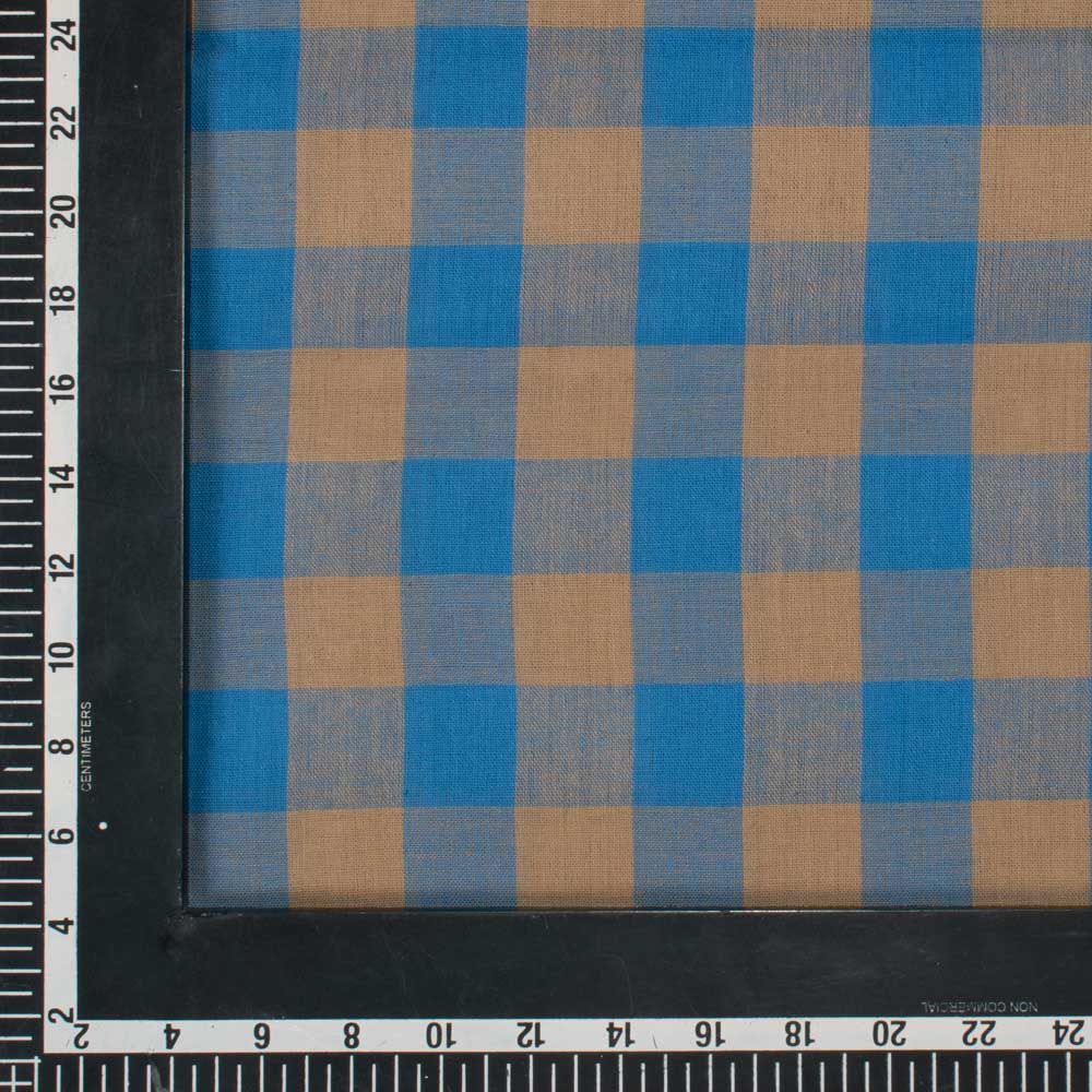 Check Tan and Blue Pure Cotton 95 GSM Handwoven Fabric