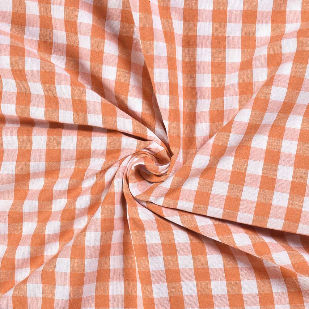 Check Orange & White Pure Cotton 96 GSM Handwoven Fabric