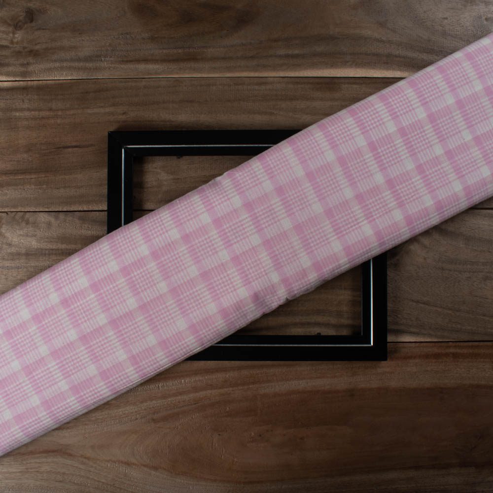 Check White & Pink Pure Cotton 65 GSM Handwoven Fabric
