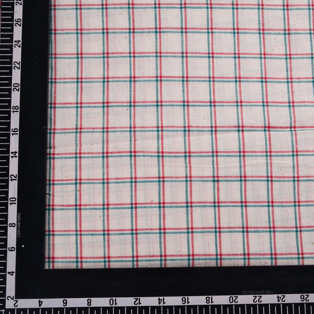 CHECK WHITE RED & GREEN KHADI COTTON 98 GSM HANDWOVEN FABRIC