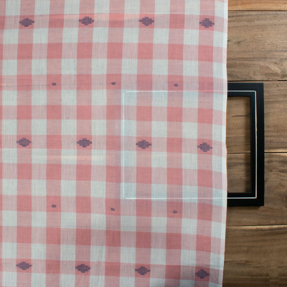 Check White Pink Jamdani Pure Cotton 55 GSM Handwoven Fabric 342