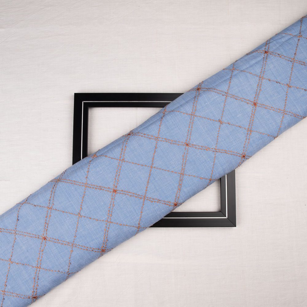 Cotton khadi fabric featuring Kantha embroidery in a check pattern