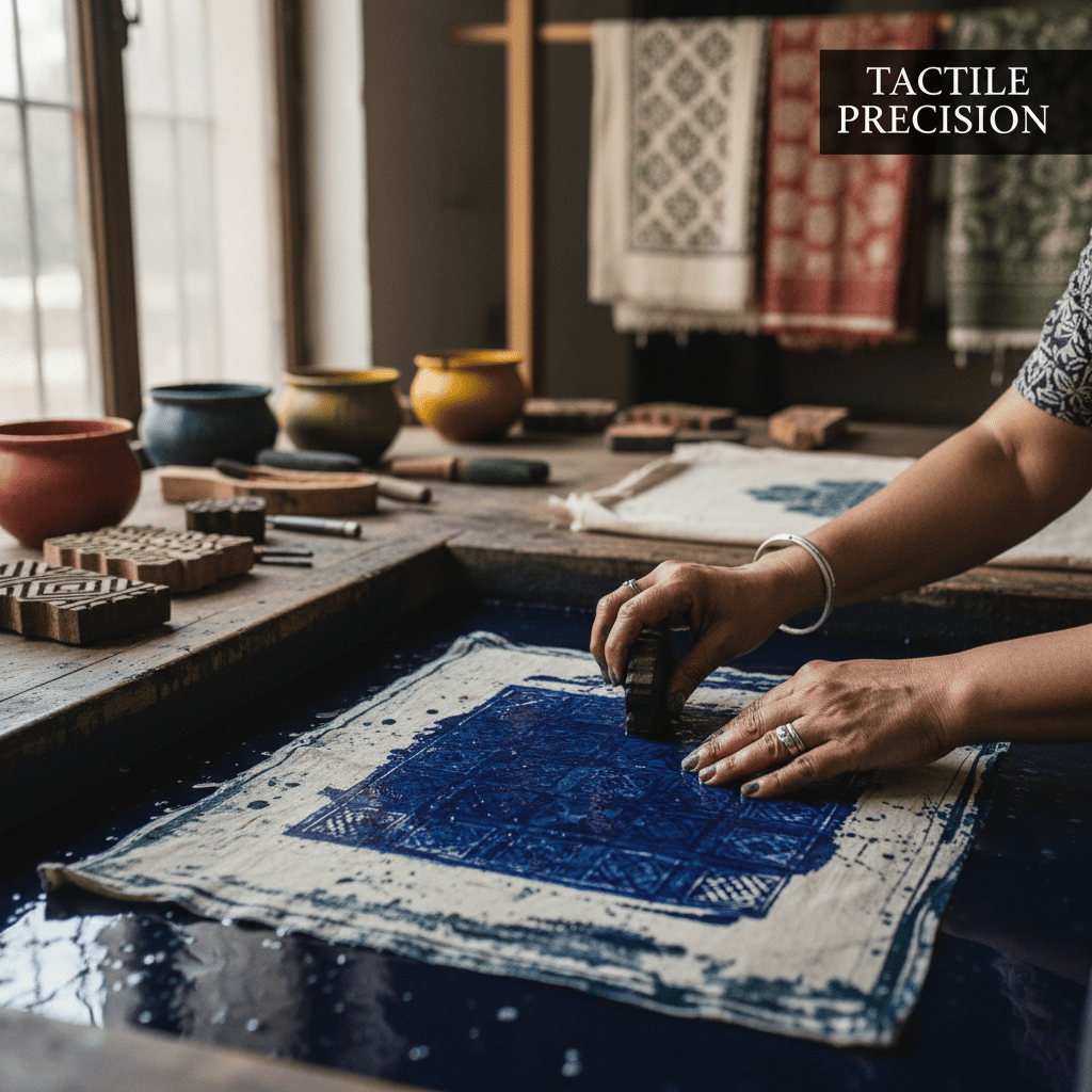 Artisan adjusting squeegee pressure while printing on handwoven cotton khadi fabric