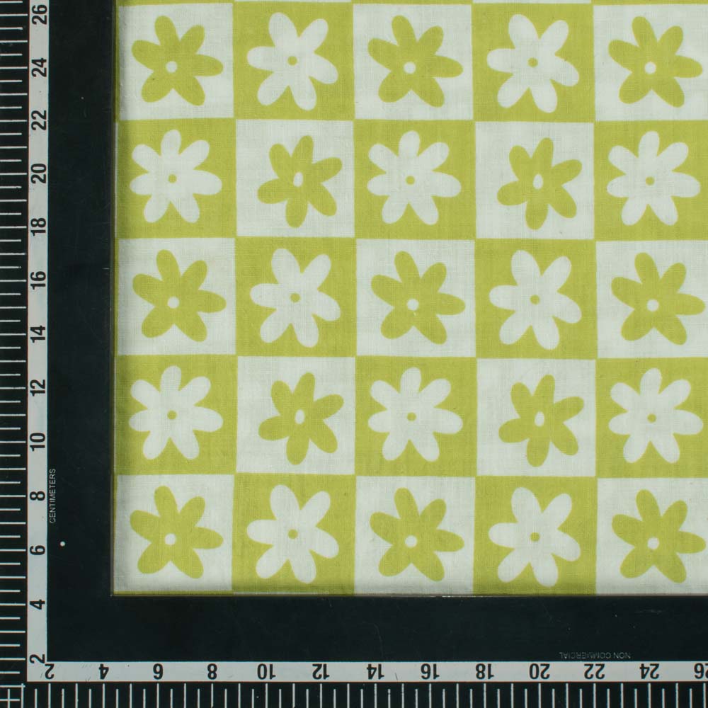 Floral Light Green White Screenprinted Pure Khadi 90 GSM Handwoven Fabric