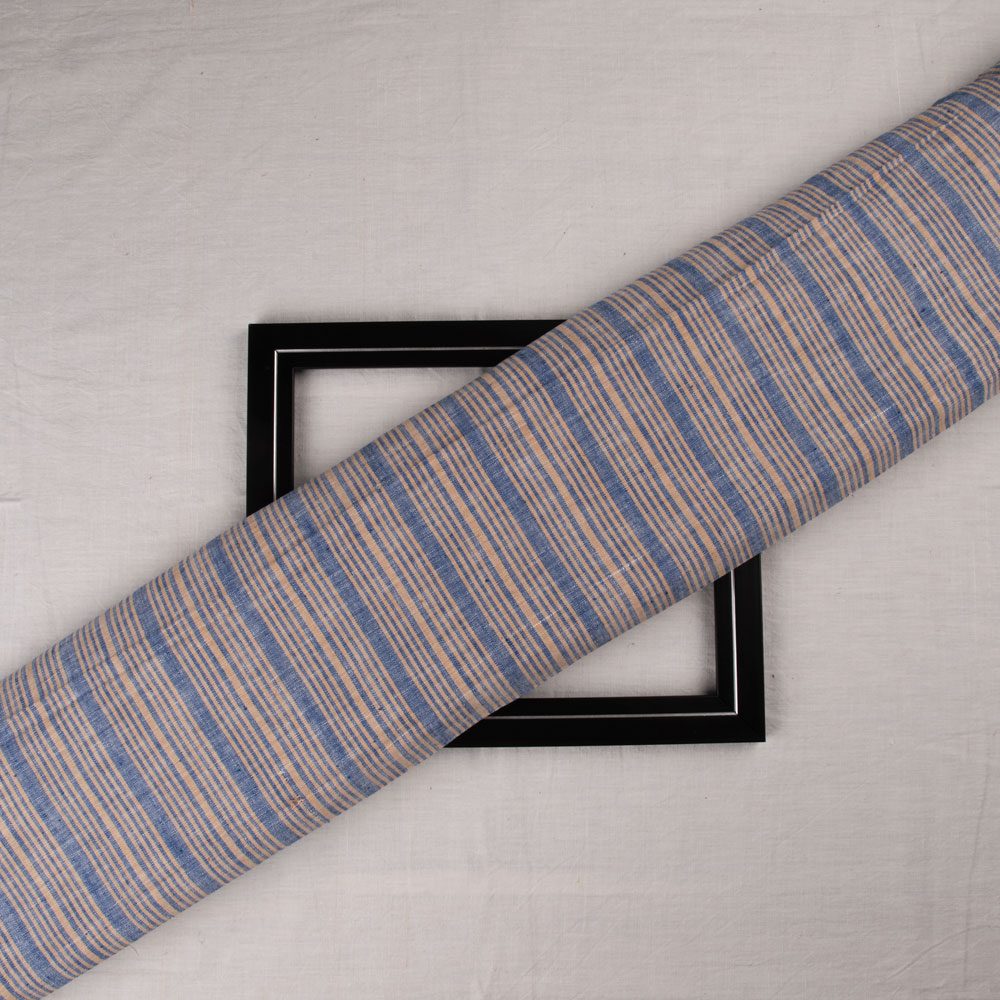 Stripe Blue & Beige Pure Khadi 121 GSM Handspun & Handwoven Fabric