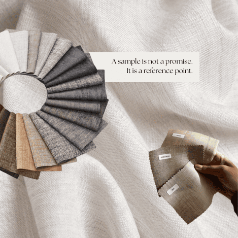 Fabric sample versus bulk fabric highlighting why sampling is only a reference, not a guarantee in fabric wholesale orders