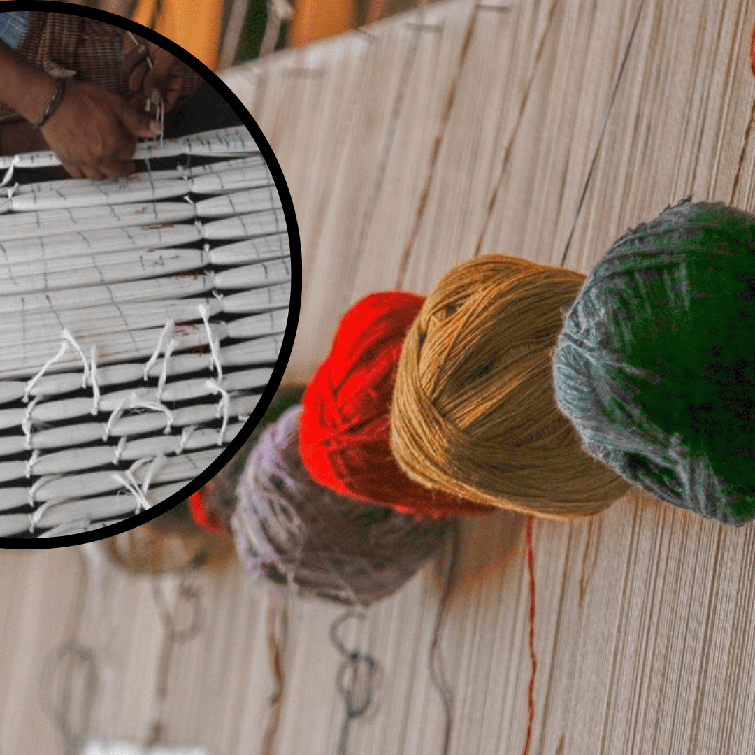 The selected yarn is wound onto a frame or a warping board to create the warp