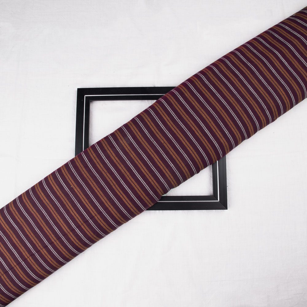 STRIPE MAROON & BROWN PURE COTTON 68 GSM HANDWOVEN FABRIC