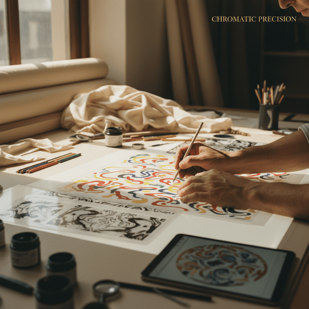 Textile designer preparing multi-color screen print design layout for khadi cotton fabric