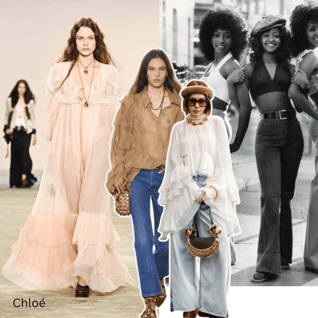 Model wearing a 70s inspired bohemian maxi dress
