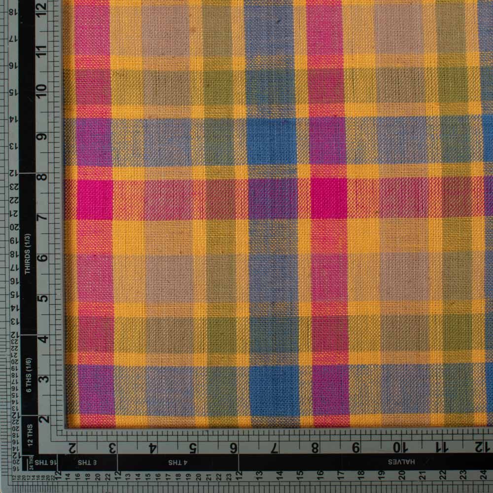 Multicolor check khadi fabric shown in a flat view with measurement scale