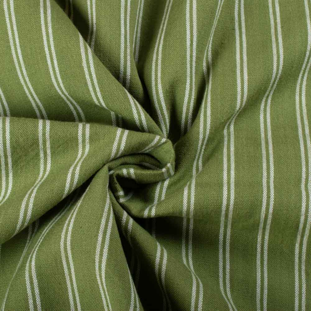 Twisted view of blue and white stripe cotton fabric showing drape and flexibility