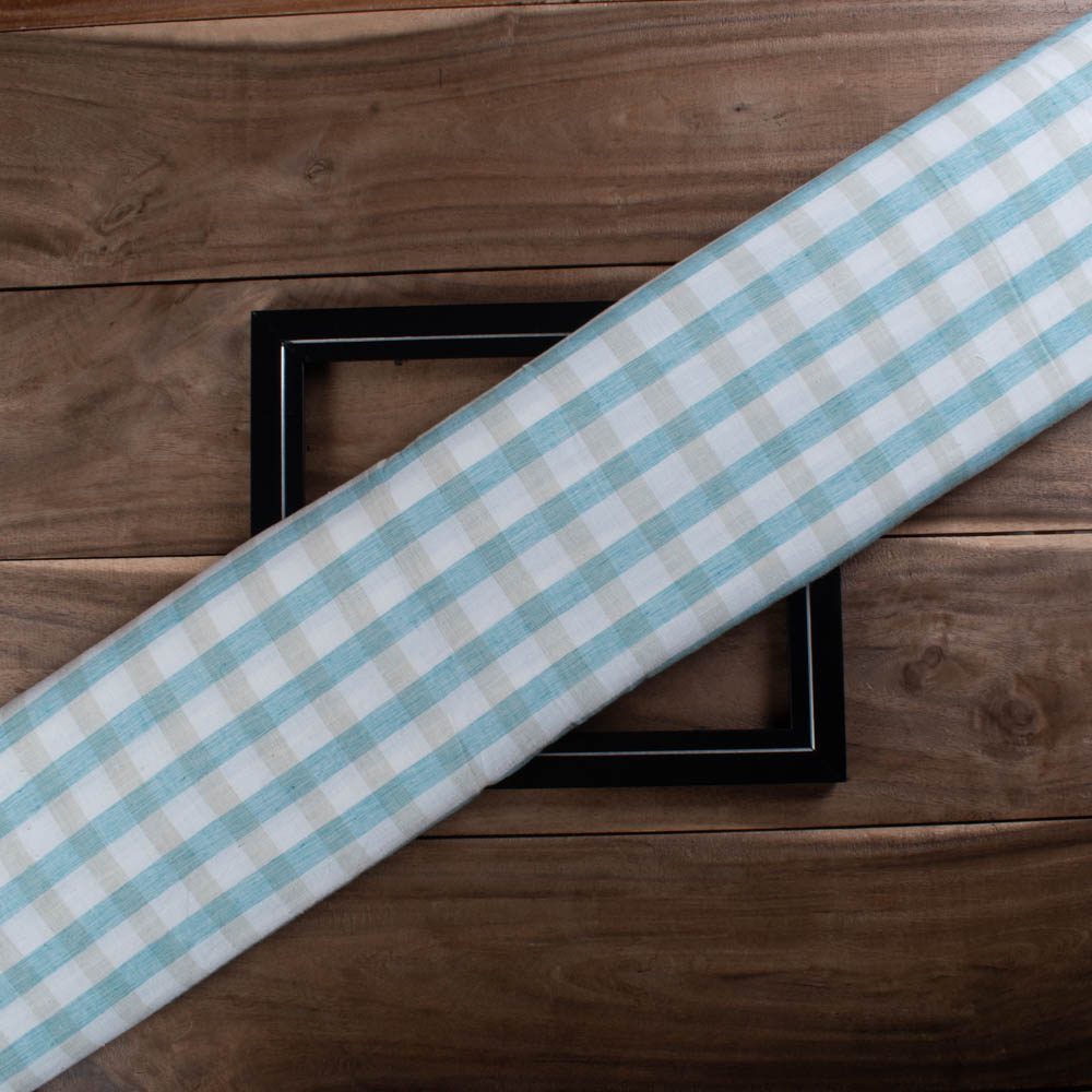 Check Turquoise White Brown Pure Cotton 100 GSM Handwoven Fabric