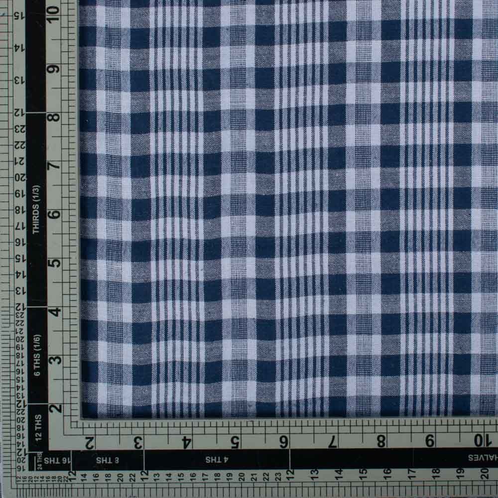 Navy Blue & White Check Pure Cotton 100 GSM Handwoven Fabric 775