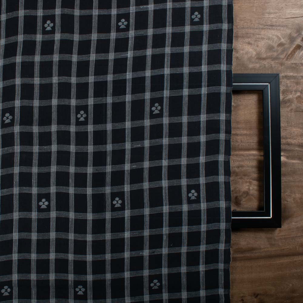 Black Base White Check Jamdani Pure Cotton 70 GSM Handwoven Fabric