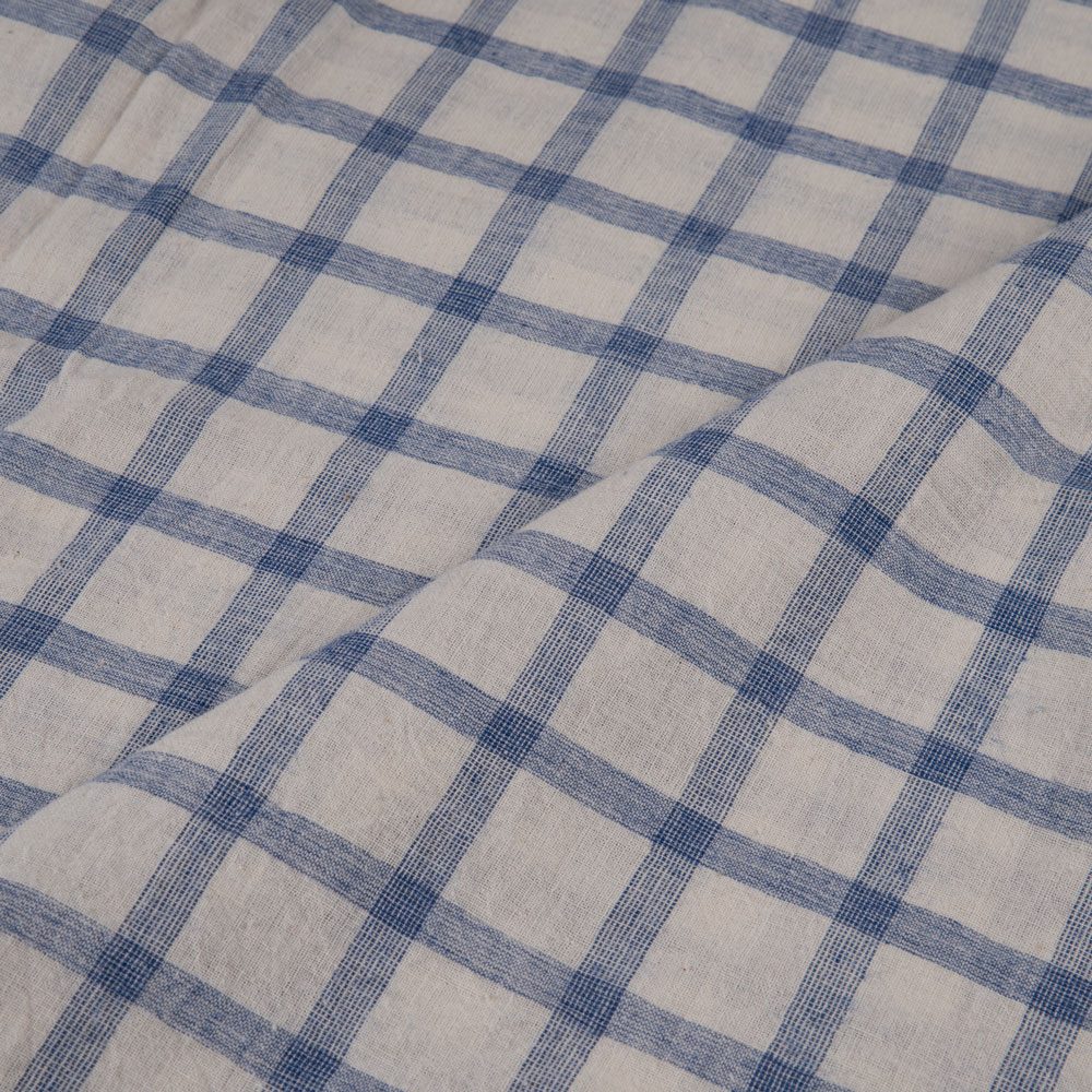 CHECK CREAM & BLUE PURE COTTON 93 GSM HANDWOVEN FABRIC