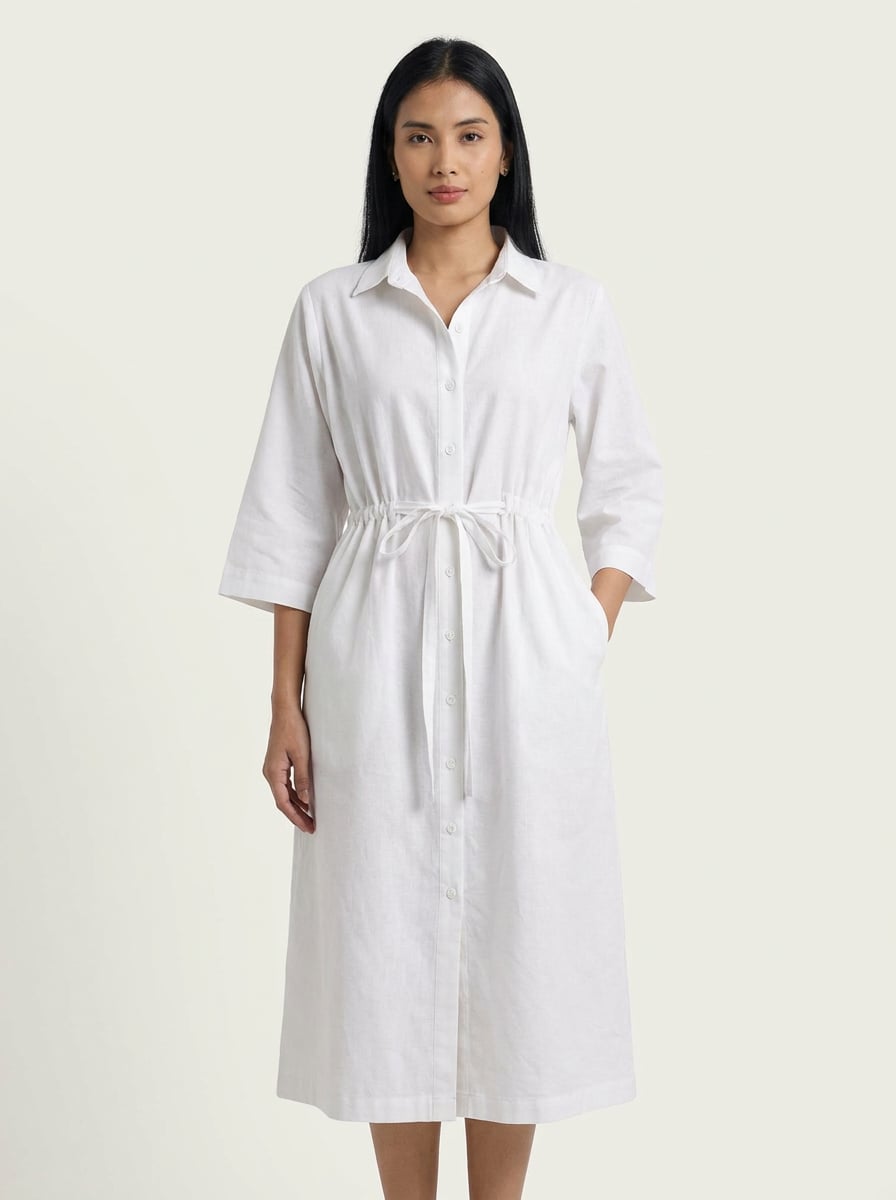 Front view of A-Line Shirt Midi Dress With Drawstring Waist in handwoven khadi cotton fabric.
