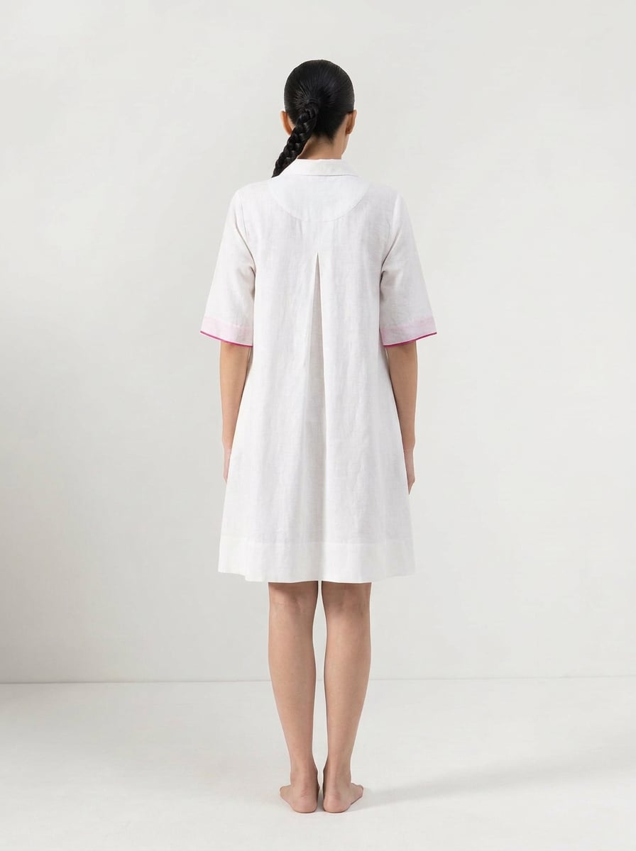 Back view of A-Line Shirt Dress With Button Placket in handspun and handwoven khadi fabric.